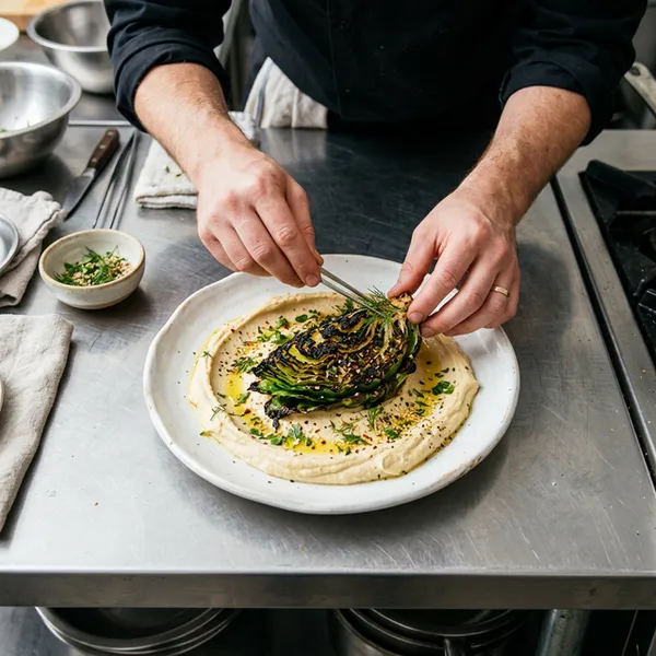 Chou braisé dressé sur hummus