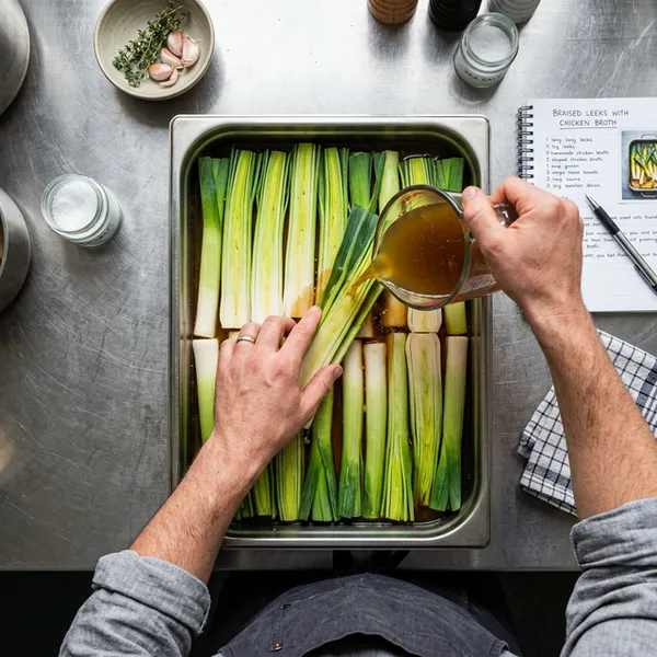 Cuisson des poireaux au bouillon au four