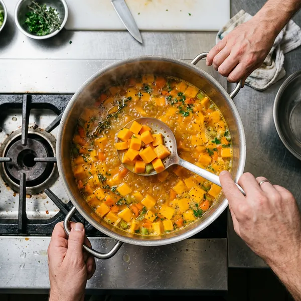 Cuisson des cubes de butternut au bouillon