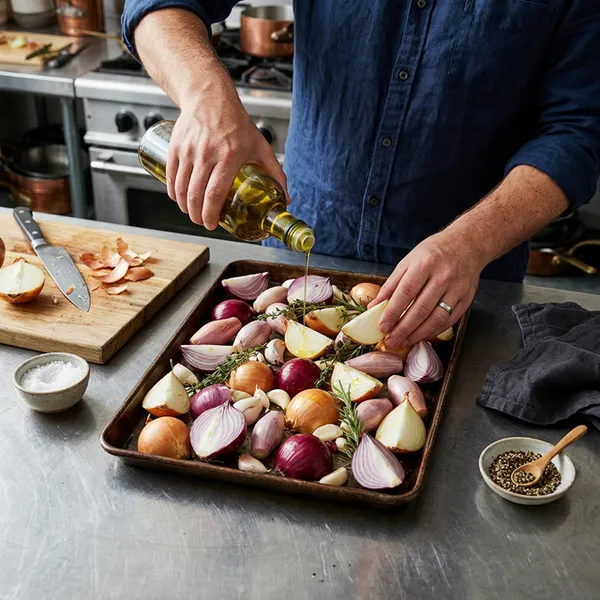 Rôtissage des oignons, échalotes et ail